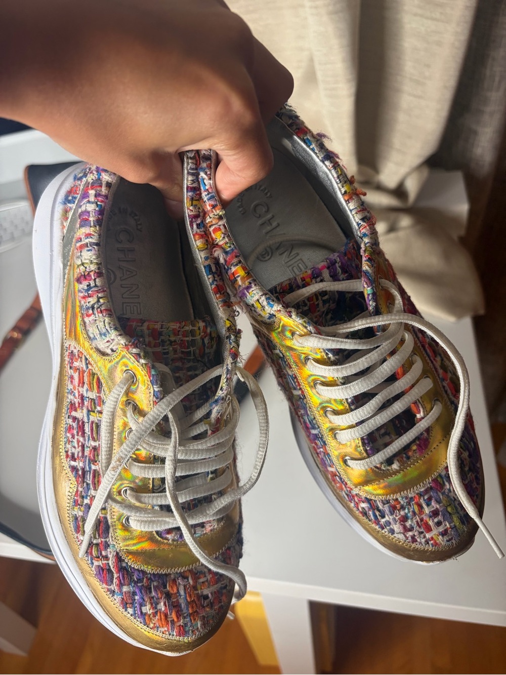 100% Authentic re-soled CHANEL Tweed & Gold Iridescent Lace-Up Sneakers